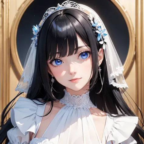 absurderes, ultra-detailliert,bright colour,(in 8K:1.3),masuter piece,extremely beautiful detailed face and eye, 2,(Smooth straight black hair), (Shiny long hair),(Pattsun bangs), (Deep blue eyes) Delicate beautiful face, red blush, (wearing white elegant ...