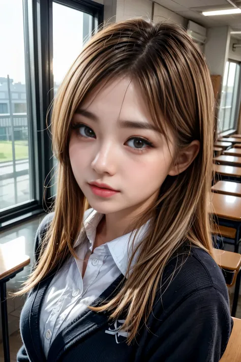  old Japanese high school girl,classroom, blackboard , upper body photo, face close-up , open her mouth , beautifully detailed eyes,Droopy eyes, thin eyebrows,Draw eyelashes carefully,Eyelash extensions, gal makeup,Orange Cheek, hair drawn one by one, whit...