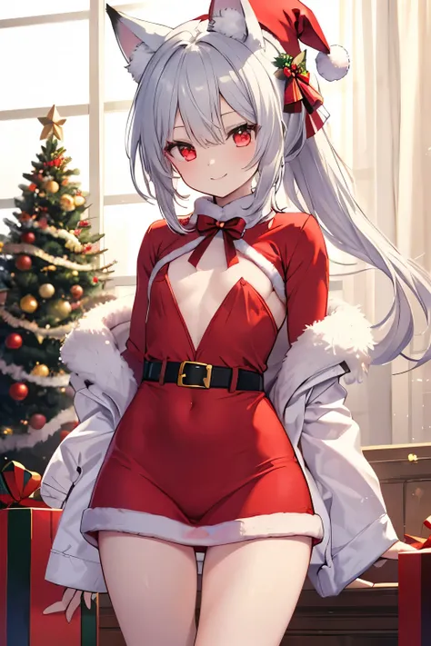   Silver Hair、  red eyes、   fox ears、 girl、 small breasts、   ponytail、  girl、  small breasts、 bright smile、Good physique 、Flat chest 、  girl、 hes short、Santa costume、Santa hat、 Christmas tree、fluffy tail  、Thighs、 Jacket with short glowing eyes   