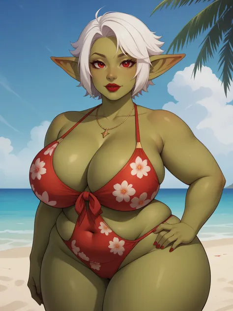 goblin girl.  red eyes.  white hair. dark green leather . Very short hairstyle . necklace. red lips. .  huge hips. bbw.  floral print swimsuit. beach. a gift.  Lean forward . 