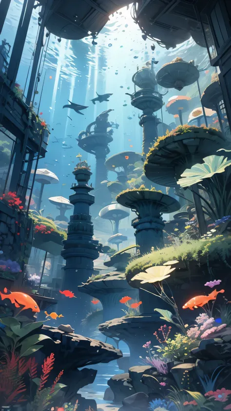 Hyperdimensional fantasy world paintings,Undersea World, Atlantis, Sci-fi ,Upright,  Studio Ghibli in the courtyard , Unreal Engine ,Epic epic , CG Digital Rendering ,,Highly detailed technical ,Three-color color matching