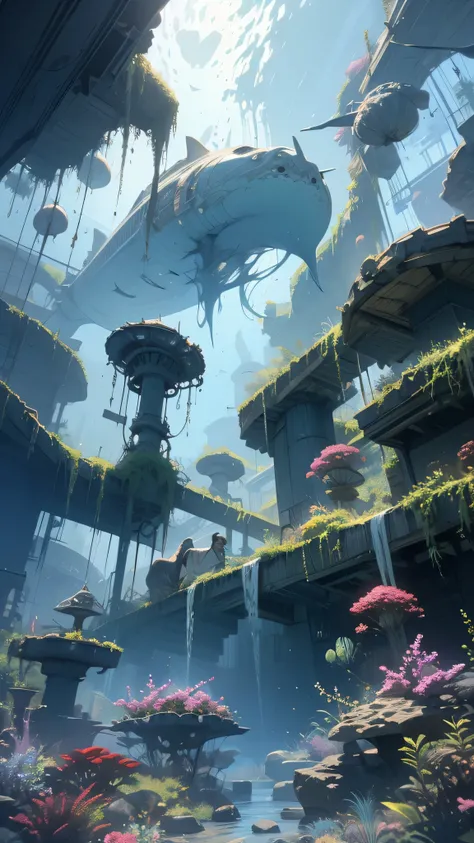 Hyperdimensional fantasy world paintings,Undersea World, Atlantis, Sci-fi ,Upright,  Studio Ghibli in the courtyard , Unreal Engine ,Epic epic , CG Digital Rendering ,,Highly detailed technical ,Three-color color matching