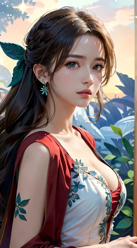 trends on Artstation, Trends on CGSociety, Intricate, High Detail, Sharp Focus, f 1.8, Dramatic, starry night sky, Aerith Gainsborough of Final Fantasy, Aeriths original Final fantasy 7 costume, 25 years old, mature looking, Realistic Art of Drawing by Mid...