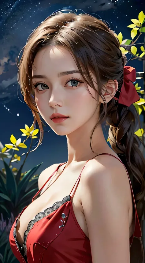 trends on Artstation, Trends on CGSociety, Intricate, High Detail, Sharp Focus, f 1.8, Dramatic, starry night sky, Aerith Gainsborough of Final Fantasy, Aeriths original Final fantasy 7 costume, 25 years old, mature looking, Realistic Art of Drawing by Mid...