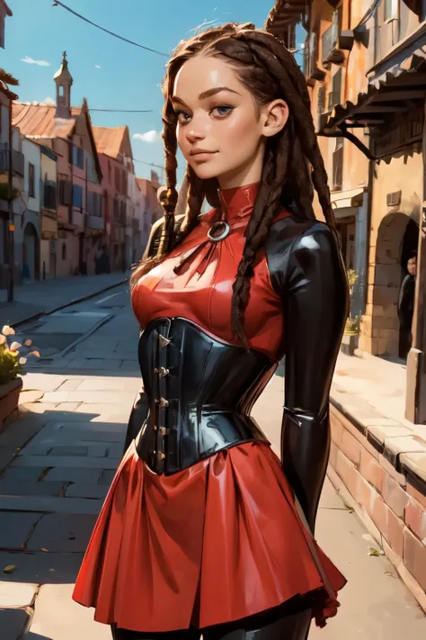 young aztec girl that looks like a 18-year-old Jennifer Lawrence in medieval Spanish latex catsuit with frills, pinstripes, puffed sleeves and jabot, corset and a skater skirt, cute face, toned, mongol girl, pointy chin, big eyes, olive skin, young and bea...