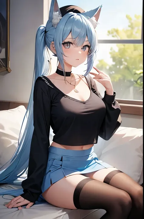 (Best quality at best,8K,A high resolution,tmasterpiece:1.2),Digital artwork, one girl，detailed face，detailed eyes, young woman, light blue hair, (((really long straight hair))), poofy bangs, cute choker necklace., thigh high socks, (((blue miniskirt))), b...