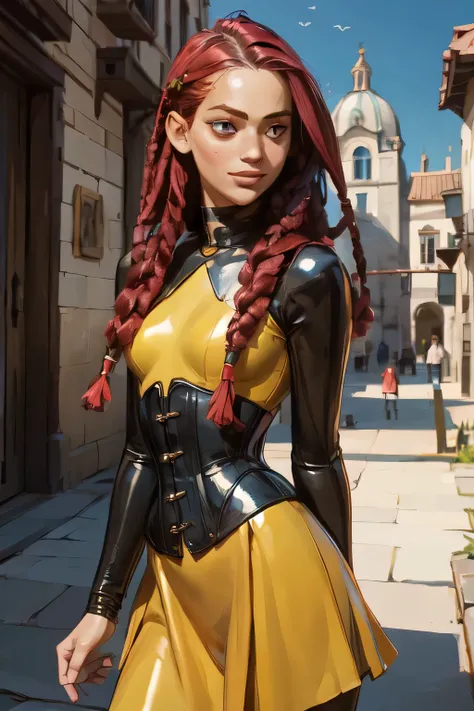 young aztec girl that looks like a 18-year-old Jennifer Lawrence in medieval Spanish latex catsuit with frills, pinstripes, puffed sleeves and jabot, corset and a skater skirt, cute face, toned, mongol girl, pointy chin, big eyes, olive skin, young and bea...