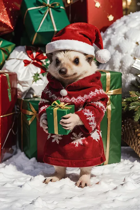 A Christmas hedgehog holding a present in his hand. The hedgehog is wearing a Christmas costume and a Christmas hat. The hedgehog is surrounded by small and large presents. Winter landscape.