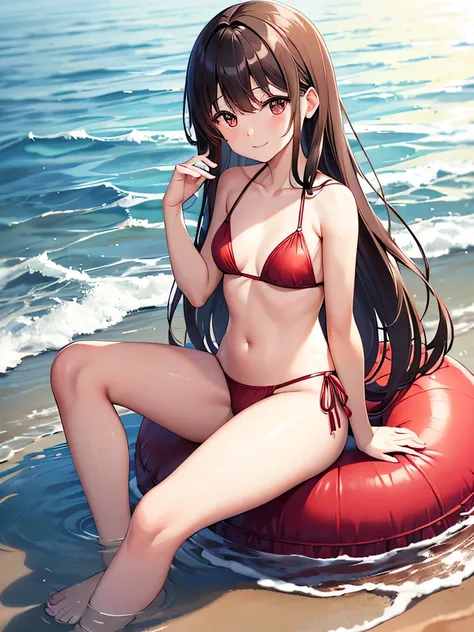 Hairstyle: long、 straight dark brown hair 。 There are light waves on the tips of the hair
Eyes :  almond-shaped, deep brown eyes
Face :  soft round face 、 kind smile
Body type :  slim and petite
Height : 155 cm
Outfit :  red bikini、White lace details、 whit...