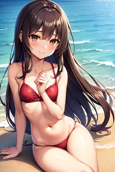 Hair: Long, straight dark brown hair with slight waves at the tips
Eyes: Almond-shaped, deep brown eyes
Face: Soft, round face with a gentle smile
Body Type: Slim and petite
Height: 155 cm
Outfit: Red bikini with white micro bikini
Additional Features: A s...