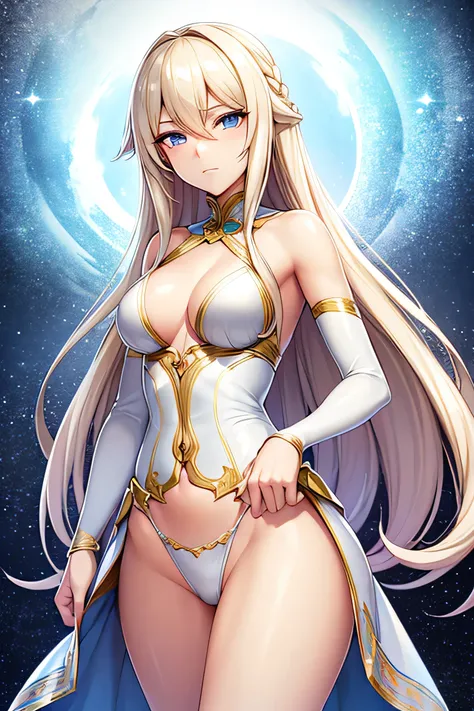 Hair: Long, straight blonde hair with a small braid on the left side
Eyes: Bright blue eyes, with a slight sparkle
Face: Delicate, oval face with a gentle, serene expression
Body Type: Tall and slender
Height: 165 cm
Outfit: White bikini with gold accents ...