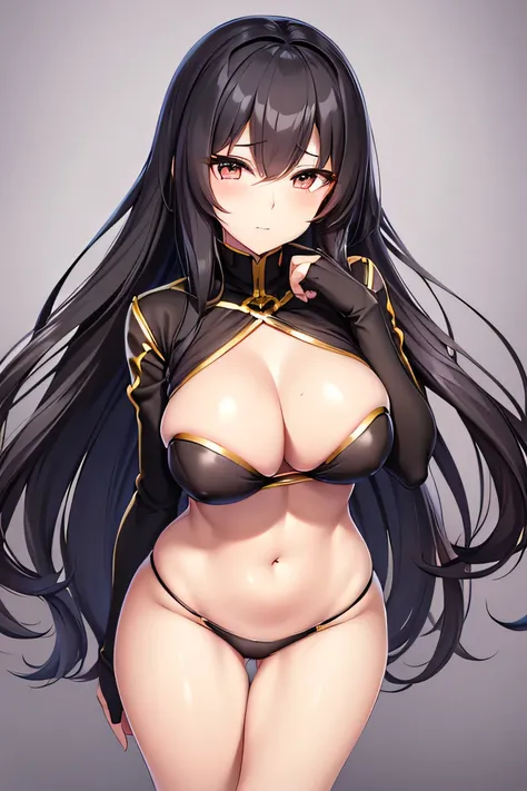 Hair: Long, straight black hair with a side part
Eyes: Bright hazel eyes with long eyelashes
Face: Oval face with a soft, peaceful expression
Body Type: Slim with subtle curves
Height: 158 cm
Outfit: Classic black bikini with gold accents
Additional Featur...