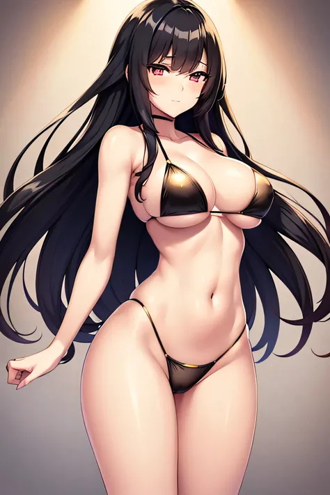 Hair: Long, straight black hair with a side part
Eyes: Bright hazel eyes with long eyelashes
Face: Oval face with a soft, peaceful expression
Body Type: Slim with subtle curves
Height: 158 cm
Outfit: Classic black bikini with gold accents
Additional Featur...