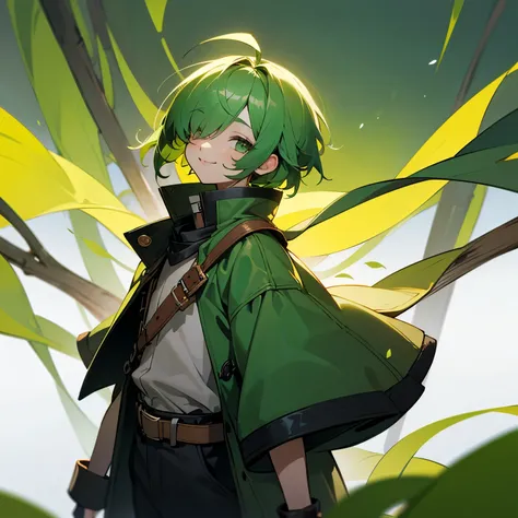 (boy), Dryad, green hair, green eyes, short cut, side part, ahoge, hair over one eye, thin eyebrows, smiling, young, alone, short, Shota, overall, coat, long boots, wide pants, harness, fingerless glove, belt, Solo, upper body