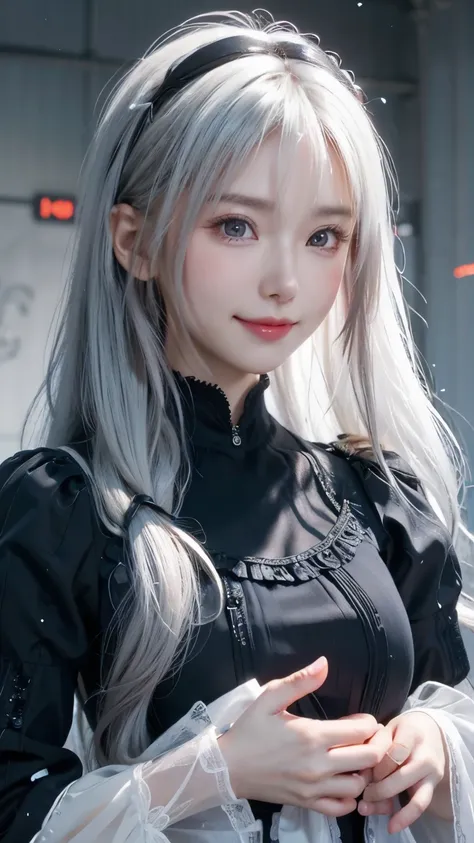 anime girl,cute,beautiful, Clear face,full face,long white hair,เส้นผมละเอียดbeautiful,Big eyes, sharp eyes,smile a little,movie light,UHD,120,000,black lolita dress,high definition,The images are very detailed..white balance,blurred background