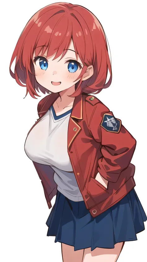 (1girl:1.7), (little female :1.6), ((loli:1.4)) ， ,(very short height:1.5), (red hair:1.3), blue eyes, droopy eyes, (red jacket:1.3), long sleeves, (navy skirt:1.2), (super big breasts:1.3), (medium hair: 1), baggy clothes,young face, short height, , shy A...