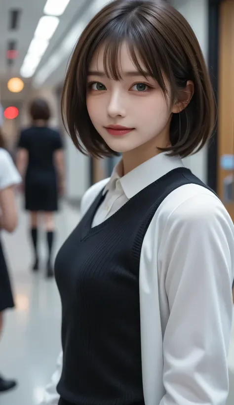  ( RAW photos :1.2),( realistic :1.4),(masterpiece:1.3),( top quality :1.4), high res,( Perfect Anatomy:1.2), beautiful women, black hair, Twin Tail Hairstyles ,Bang bang, green eyes, red glasses, formal attire ,uniform, white coat, rich breasts, D Cup, wi...