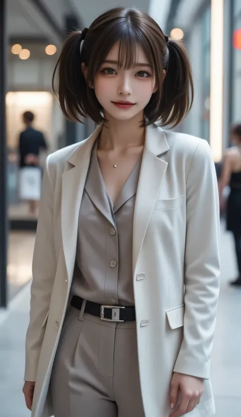  ( RAW photos :1.2),( realistic :1.4),(masterpiece:1.3),( top quality :1.4), high res,( Perfect Anatomy:1.2), beautiful women, black hair, Twin Tail Hairstyles ,Bang bang, green eyes, red glasses, formal attire ,uniform, white coat, rich breasts, D Cup, wi...