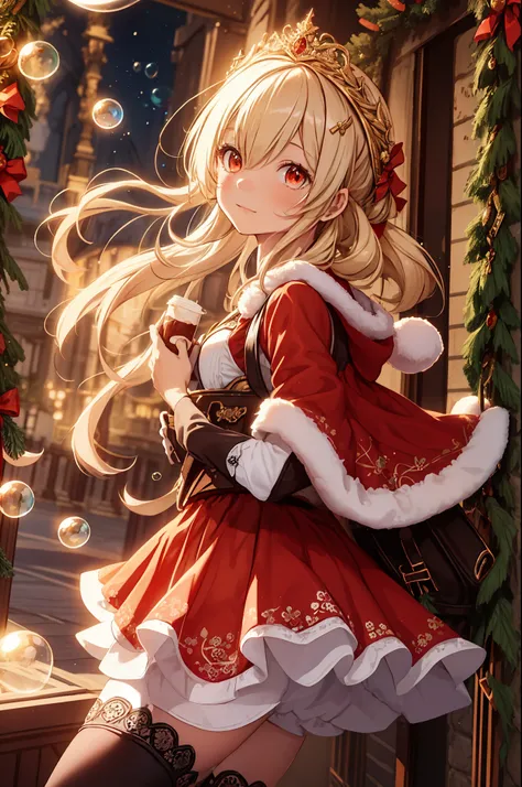 Teenage Girl, charming,gorgeous,In Love ,sacred,( Christmas padded jacket,Warm clothing,Little bubble skirt ),blond,klee, red eyes, Minimalism , Multi-layer exquisite ruffles ,Lots of Lace,( Lines on clothes :1.2),( Exquisite clothing :1.1),(Multi-layer ...