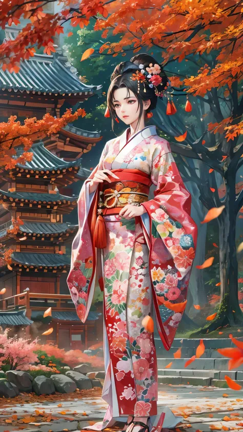 (( top quality )),( super high res),( super detailed ),( detailed description ),(( best CG )),( Best Artwork ), Ultra Precision Art, Amazing Painting Art ,(Exquisite art:1.5),  A woman wearing a kimono based on red, A dignified appearance, sharp, Blowing a...