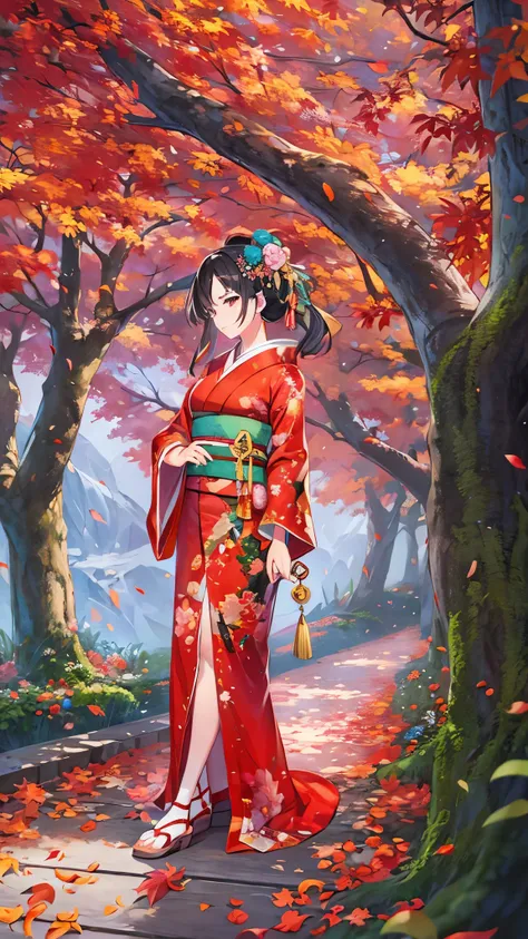 (( top quality )),( super high res),( super detailed ),( detailed description ),(( best CG )),( Best Artwork ), Ultra Precision Art, Amazing Painting Art ,(Exquisite art:1.5),  A woman wearing a kimono based on red, A dignified appearance, sharp, Blowing a...