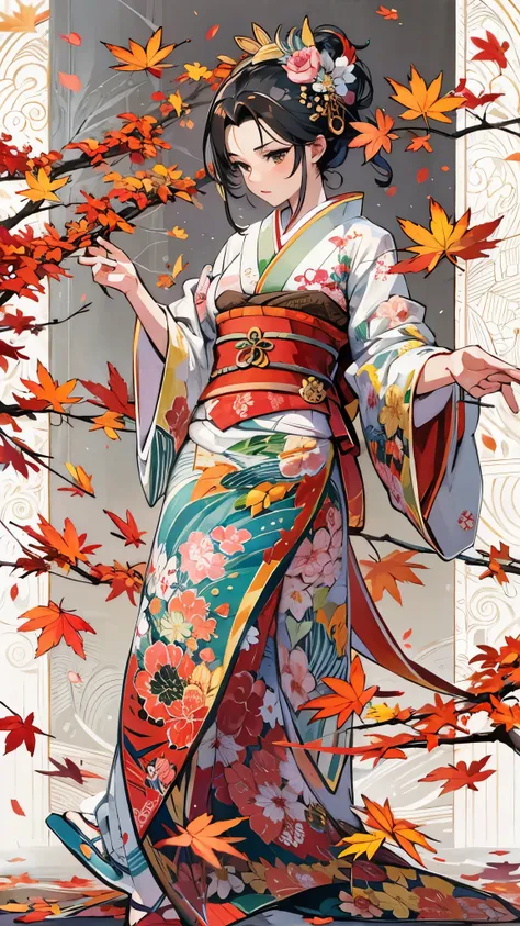 (( top quality )),( super high res),( super detailed ),( detailed description ),(( best CG )),( Best Artwork ), Ultra Precision Art, Amazing Painting Art ,(Exquisite art:1.5),  A woman wearing a kimono based on red, A dignified appearance, sharp, Blowing a...