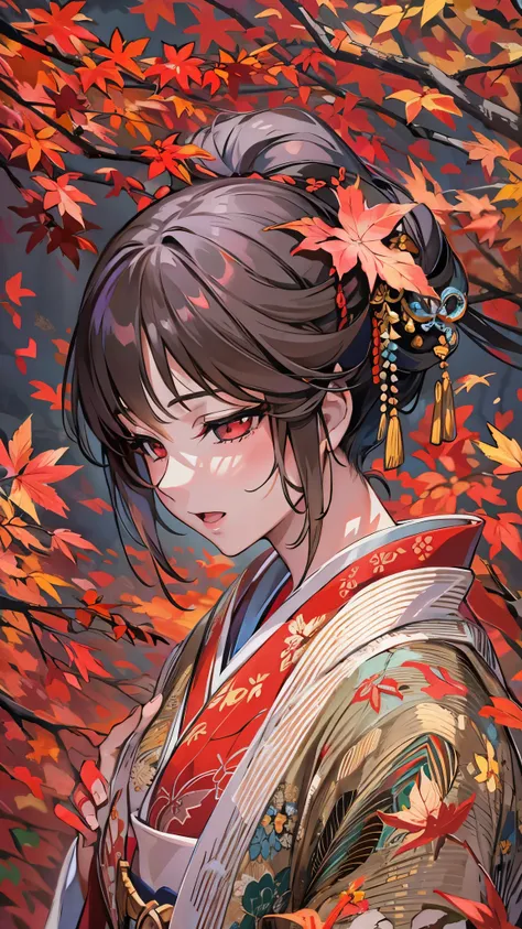 (( top quality )),( super high res),( super detailed ),( detailed description ),(( best CG )),( Best Artwork ), Ultra Precision Art, Amazing Painting Art ,(Exquisite art:1.5),  A woman wearing a kimono based on red, A dignified appearance, sharp, Blowing a...