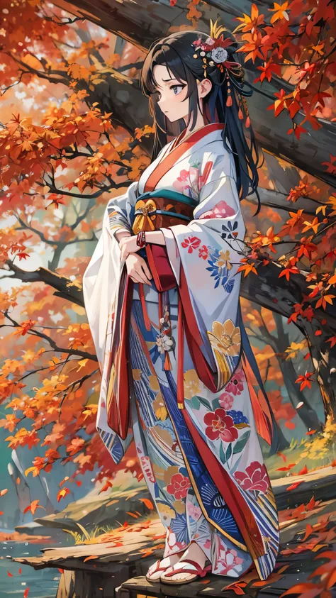 (( top quality )),( super high res),( super detailed ),( detailed description ),(( best CG )),( Best Artwork ), Ultra Precision Art, Amazing Painting Art ,(Exquisite art:1.5),  A woman wearing a kimono based on red, A dignified appearance, sharp, Blowing a...