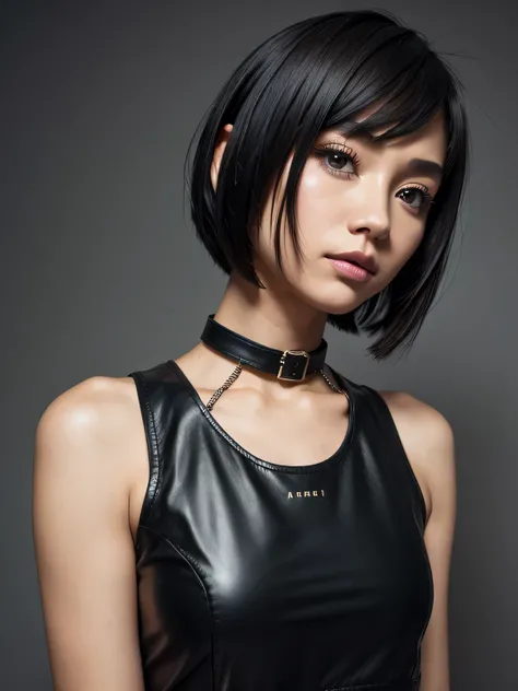  cute girl、 leather black tank top、 black choker、Kazakhstani 、 bob cut、