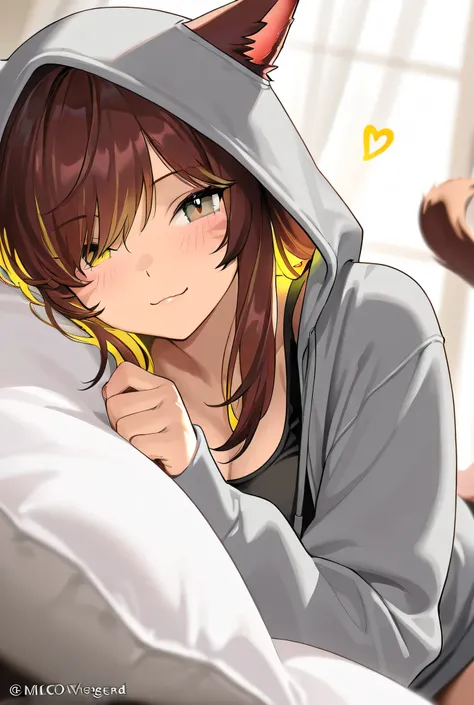 masterpiece,1girl, colored inner hair Brown hair Yellow hair, cat_ears, gray oversized hoodie,  inner tank top , Hair on one eye, Long hair tips, Miqote