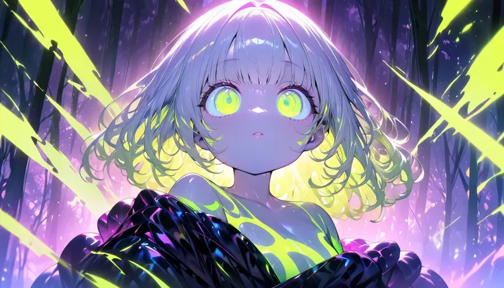 masterpiece, best quality, ultra high resolution, Fluorescent color,, 1 girl, looking at the audience, pretty face, beautiful eyes, (Off the shoulder style: 1.2), Looked up, Upper body, forest, shiny hair, shiny skin, Glow Cutting, chibi, Finger proportion...