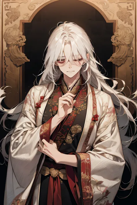 A guy with long white hair, some strands of it black. The guy is dressed in black Hanfu. Patterns are embroidered on Hanfu with gold threads. A chrysanthemum is embroidered on the front of the hanfu in dark red embroidery. Theres a black blindfold over his...