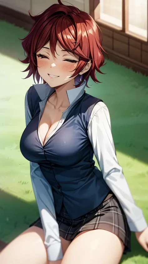 （ super high quality , super high res,16k,super masterpiece,Ultra HD ,Detailed shading and background,） sexy girl ,Naked white shirt with big collar,Navy blue vest, cleavage, Plaid Mini Skirt,smile,blush,Lie down on the lawn where the sun shines,