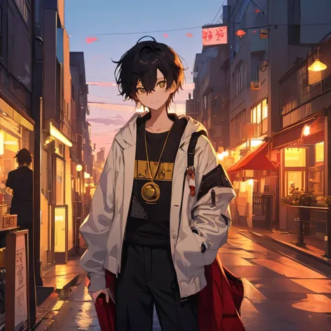 An emotional anime-style artwork inspired by Makoto Shinkai, featuring an 18-year-old slender young man named Mosu Raito (百舌鳥 雷翔). The scene showcases his vibrant and curious personality, set against a stunning, bustling cityscape in the background with wa...