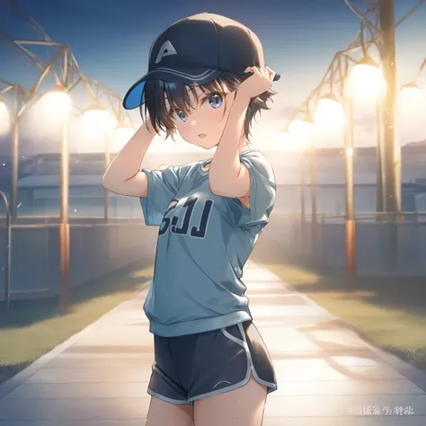 1girl, loli, tomboy, sweat, shorts,beautiful detailed eyes,open mouth,baseball_cap, outdoors, wind,  game CG, break,(artist:mitsumi_misato),artist:fujiyama,artist:kokonoka, break,(masterpiece), (best quality), (ultra-detailed),(Detailed Lighting), very aes...