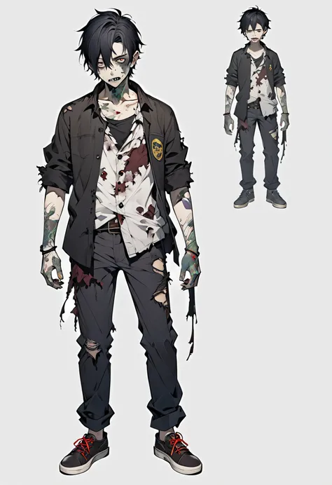  no background　 standing picture of the whole body　 full body illustration　male　adult　 year old zombie　 Tattered Clothes　　Black Hair