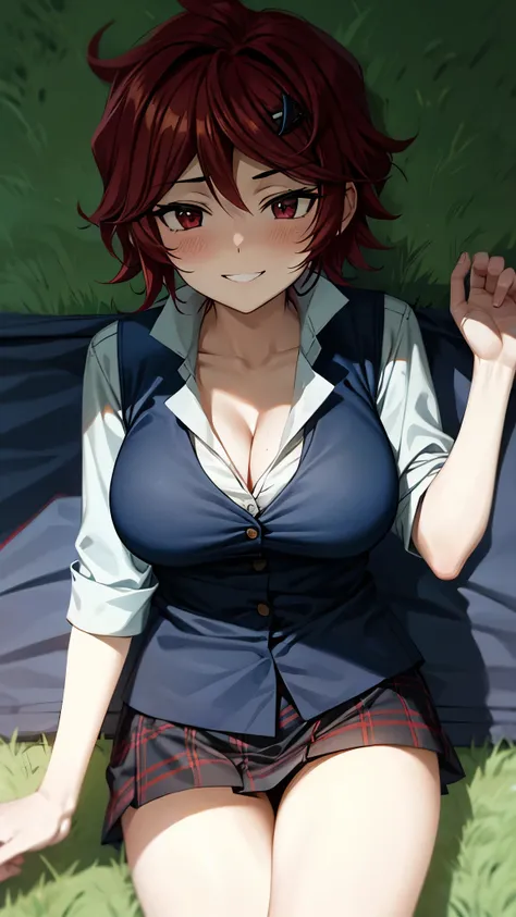 （ super high quality , super high res,16k,super masterpiece,Ultra HD ,Detailed shading and background,）A sexy girl with an overlooked attitude,Naked white shirt with big collar,Navy blue vest, cleavage, Plaid Mini Skirt,smile,blush,Lie down on the lawn whe...