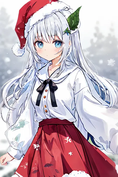  One girl ,Slightly cool , cool vibe, wearing Santa clothes, wearing a Santa hat, Santa in a skirt ,白い long hair, long hair,White Hair,Pure white leaves dance ,snow-white leavesっぱが舞う,White leaves,snow-white leaves, blue eyes,目のハイライトがWhite leavesっぱ,目のハイライトに...