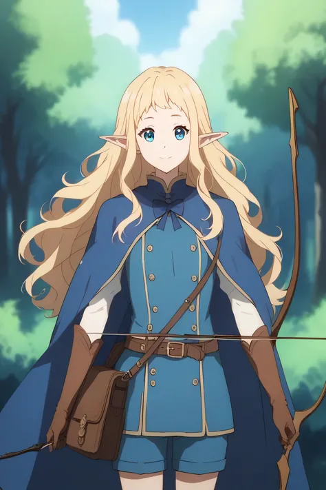 Ai shindou, masterpiece, Best Quality, Elf ,long hair, floating hair, blonde hair, blue sea eye, deeper eyes, elf ears, hoods, blue cloak, blue lightly tunic,white cape, gloves, Belt bag, blue shorts, Cowboy Shot, cute smile, forest, Looking at Viewer,Hold...