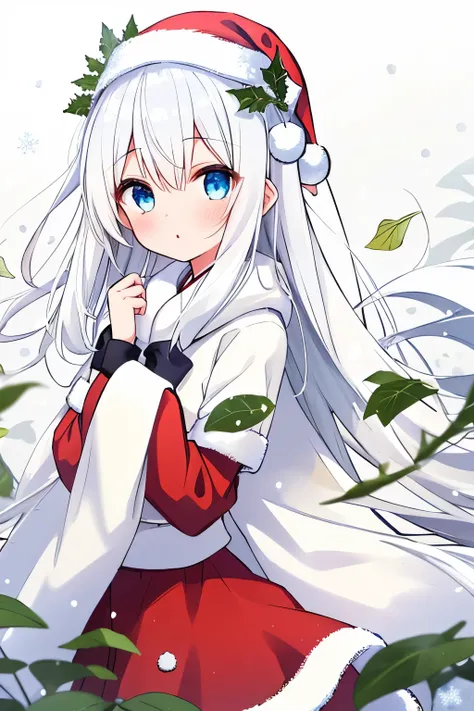  One girl ,Slightly cool , cool vibe, wearing Santa clothes, wearing a Santa hat, Santa in a skirt ,白い long hair, long hair,White Hair,Pure white leaves dance ,snow-white leavesっぱが舞う,White leaves,snow-white leaves, blue eyes,目のハイライトがWhite leavesっぱ,目のハイライトに...