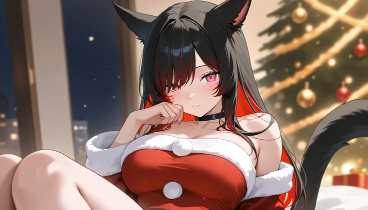 masterpiece,1girl, colored inner hair black hair red hair, longhair on one eye, santa, Miqote