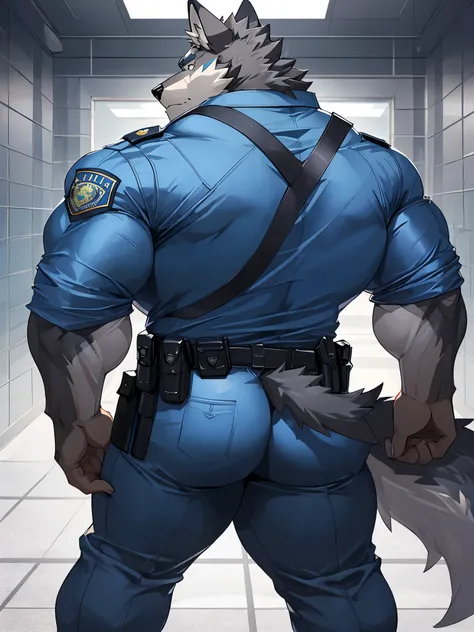 Wolf, good looking, male, anthro, ultradetailed, muscular, solo, bareness, rippling muscles, muscles, prision background, tail, serious, big pecs, looking at viewer, police uniform, bara, big muscles, big butt, rear view, wide hips,