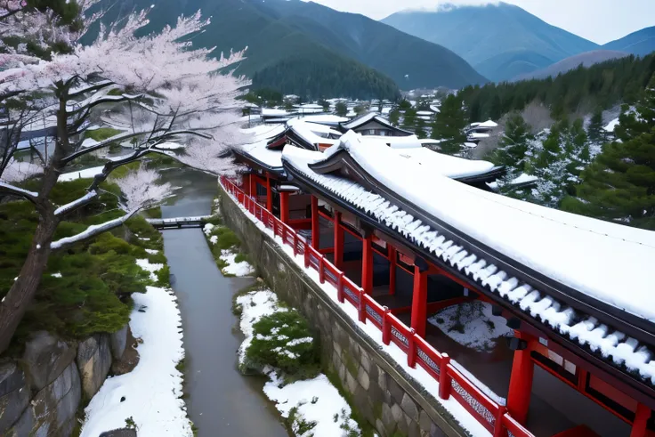 Aerial view of the Red Gate and the path leading to it, Torii Kiyomasus picture ,  with a group of bao trees in the field by Pexel contest winner , Ukiyo-e, The beauty of traveling in Japan , japanese torii in a moutain,   A Woman in a Mysterious Space  , ...