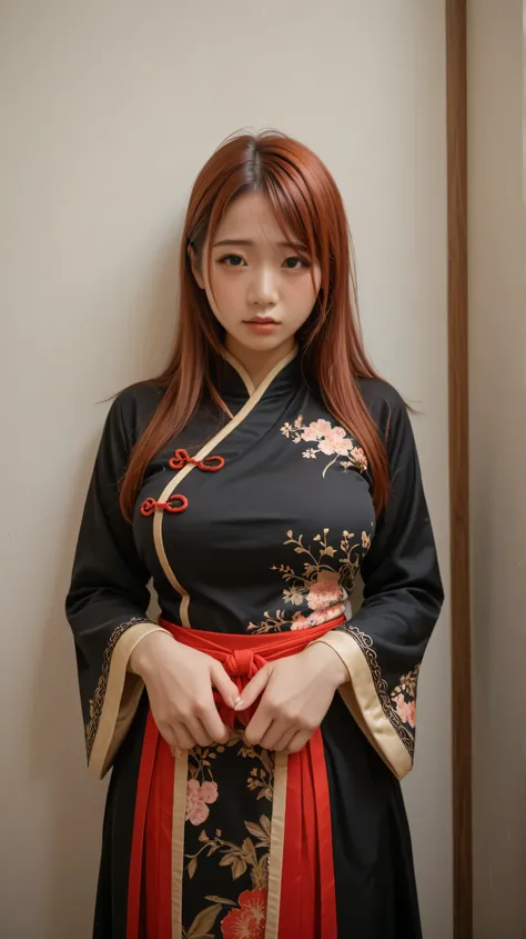 Hanako Arasaka, Intimate, busty, long auburn hair, feeling , in love, wearing oriental outfit, standing against the wall, facing viewers pov, shy