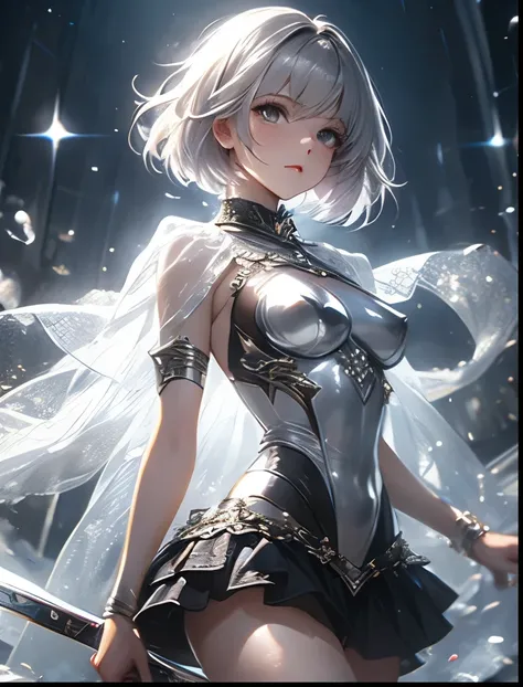 （（（ＳＦＷ、Precision、Highest quality、A first-class masterpiece、Normal body、8k、  Detailed Face 、Ultra-precision、 Normal hand、５refer to、Highest）））、Silver-haired beautiful girl、 Shorthair、Slave Knight 、Slave Metal Collar with Rigid Metal Chain 、 Super High Leg Ni...