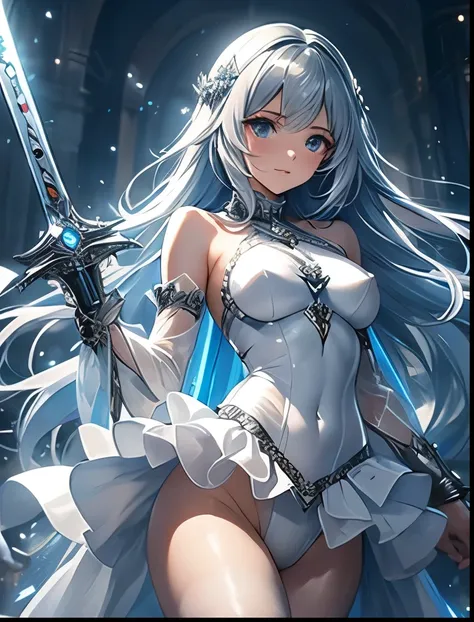 （（（ＳＦＷ、Precision、Highest quality、A first-class masterpiece、Normal body、8k、  Detailed Face 、Ultra-precision、 Normal hand、５refer to、Highest）））、Pretty, beautiful silver-haired girl、Slave Knight 、 Heavy Metal Chain Slave Metal Collar、 Super High Leg Nipples Se...