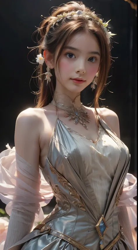 (Best quality,A high resolution,Masterpiece:1.2),Ultra-detailed,Realistic:1.37,Traditional portrait style,Detailed face and eyes,Beautiful lips,fine brushwork,soft, Flowing hair,Delicate flowers in the background,Subtle color palette,Soft lighting,A seamle...