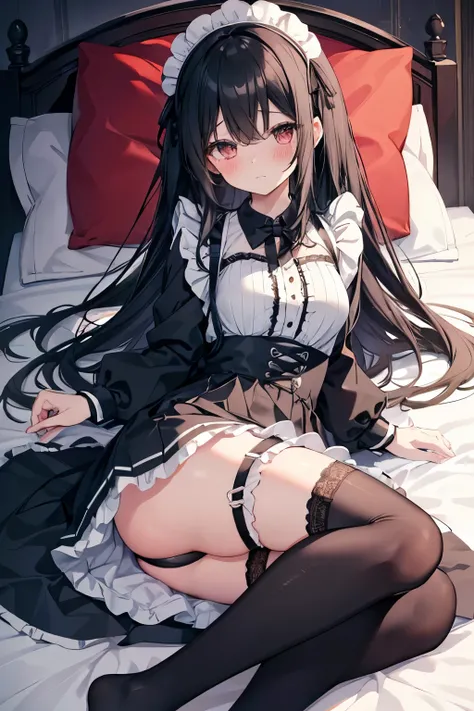 Maid,  cute face, Long black hair,  black knee-high socks,  garter belt, Ruffle skirt, Black lace pants,  pants ,  full body from head to toe ,Straightened legs,  bed blowing right in front of you,  embarrassing expression, blush