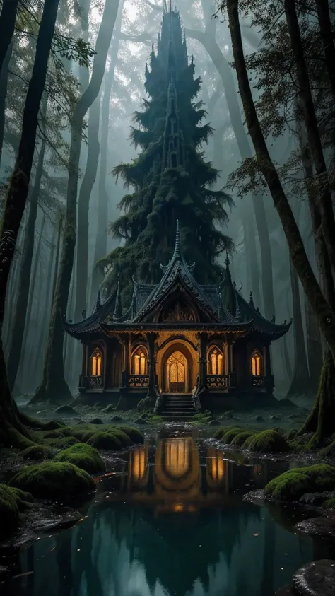 "A grand, ancient palace hidden deep within a mythical dark forest, its towering spires and intricate carvings partially shrouded by thick, creeping vines and glowing moss. The palace is constructed of black obsidian stone, reflecting faint moonlight that ...