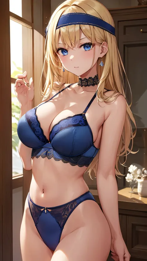 masterpiece ,  top quality 、  top quality ,(8k resolution), beauty、(  looks like an adult), （  sexy perfect style ）、(  very big breasts:1.3 )、( medium blond hair、Inner Roll)、( dark blue lace luxury underwear :1.3、dark blue lace luxury bra :1.3)、 large clea...